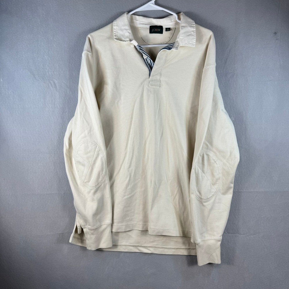 J.Crew Mens Long Sleeve Rugby Shirt Cream Cotton Elbow Patches Large